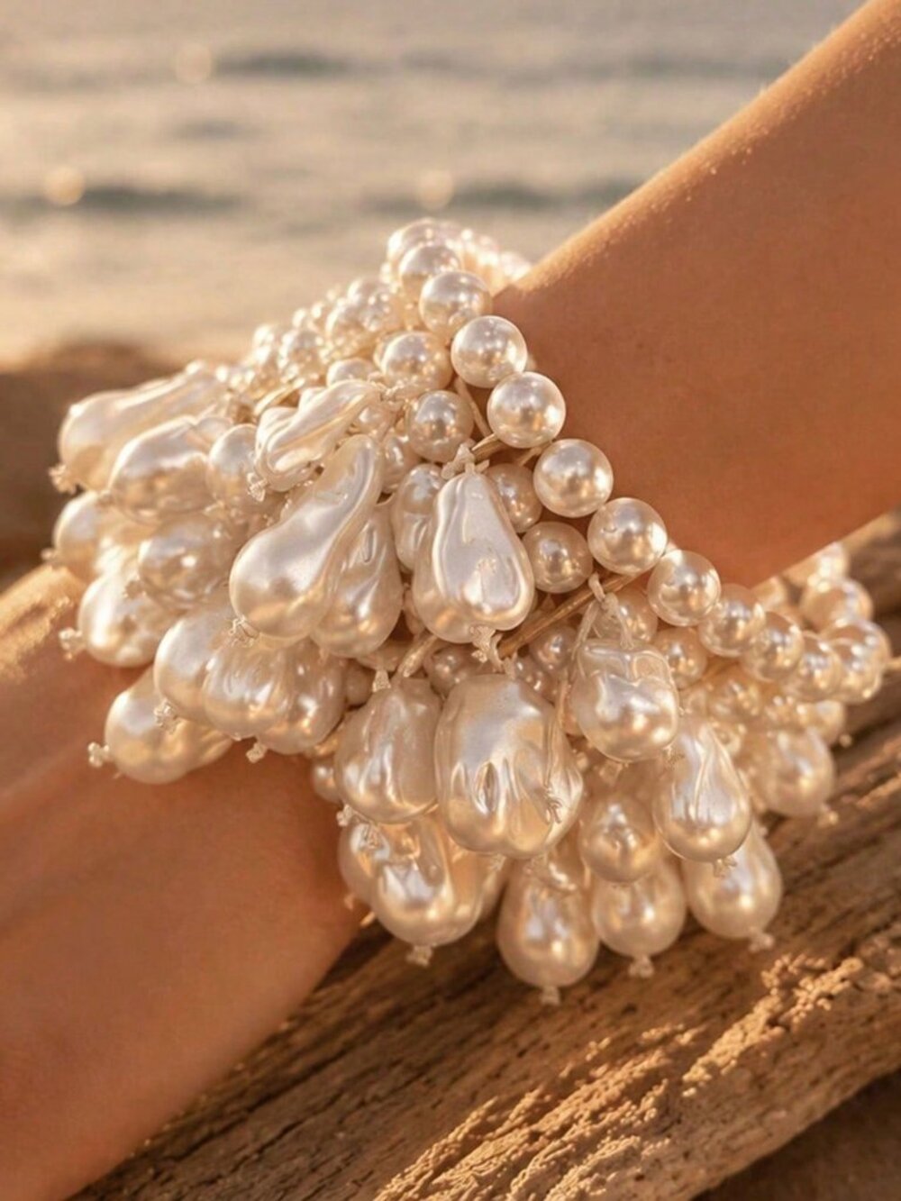 Boho Women's Geometric Asymmetrical Baroque Pearl Cuff Bracelet